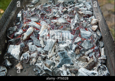 Glühende Kohlen und glühende Asche Nahaufnahme Stockfoto