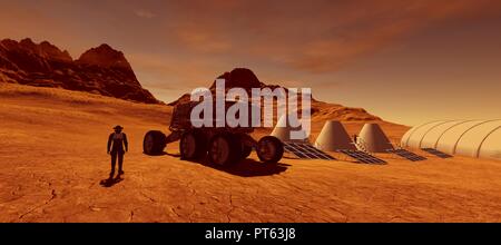 Extrem detaillierte und realistische Hochauflösende 3-D-Bild eine menschliche Kolonie auf dem Mars Stockfoto