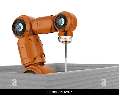 Bautechnik Konzept mit 3D-rendering Roboter Schweißer bauen Haus Stockfoto