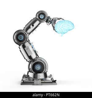 3D Rendering Roboterhand mit glänzenden Gehirn Stockfoto
