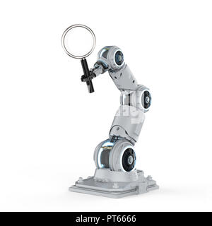 3D-rendering Roboterarm mit Lupe isoliert auf weißem Stockfoto