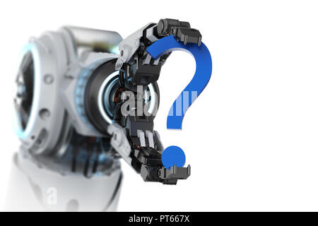 3D-rendering Roboterarm mit blauen Fragezeichen auf weißem Hintergrund Stockfoto