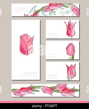 Blumen Frühling Vorlagen mit süßen Trauben von roten Tulpen. Für romantische und Ostern Design, Ankündigungen, Grußkarten, Poster, Werbung. Stock Vektor