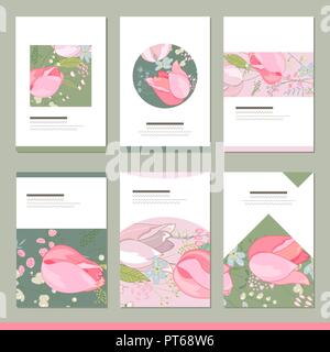 Set mit sechs floral romantisch Vorlagen. Tulpen und Kräuter Stock Vektor