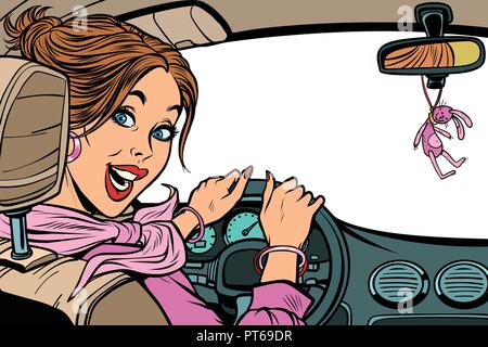 Schöne Frau Fahrer im Auto. Auf einem weißen Hintergrund zu isolieren. Im Innern der Kabine. Comic cartoon Pop Art retro Vektor illustration Zeichnung Stock Vektor