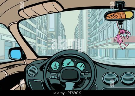 Auto in der Stadt, Ansicht von Innen. Comic cartoon Pop Art retro Vektor illustration Zeichnung Stock Vektor