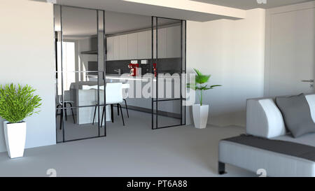 Schiebetür, Wohnzimmer und Küche partition, moderne Apartment Eingang, industriellen Stil. 3D-Rendering Stockfoto