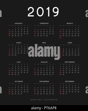 Einfache englische Kalender für 2019 Jahre, Woche ab Sonntag beginnt. Design Kalender auf schwarzem Hintergrund Stock Vektor