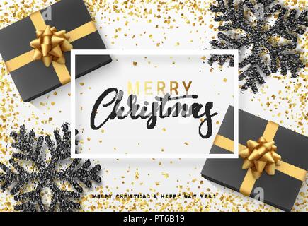Weihnachten Hintergrund mit Geschenken und schwarz glänzenden Schneeflocken. Weihnachtskarte Vector Illustration. Stock Vektor