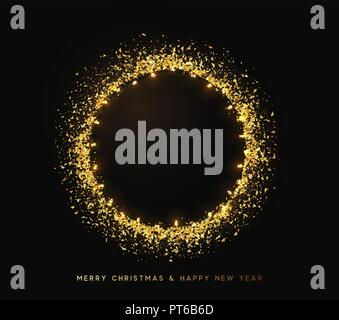Gold glänzenden runden Rahmen auf schwarzem Hintergrund. Sparkle goldenen Girlanden. Magic Ring. Weihnachten helles Feuer Glitter. Weihnachten Dekoration glühende Kranz. Vector Illustration isoliert realistisch Stock Vektor