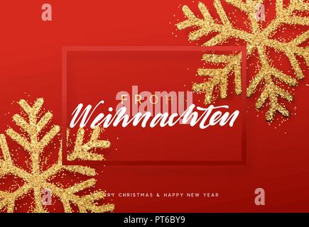 Frohe Weihnachten. Weihnachten Hintergrund mit Goldglänzenden Schneeflocken. Weihnachten Grußkarte Vector Illustration. Stock Vektor