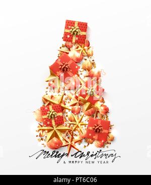 Weihnachten Grußkarte. Kreative Zusammensetzung in Form Xmas Tree, mit eleganten Sterne und Kugeln Kugeln, Schachteln Geschenk. Stock Vektor
