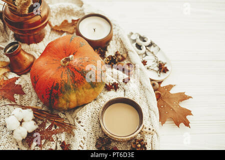 Happy Thanksgiving Konzept. Kürbis, Kaffee, Kerze, fallen, Blätter, Beeren, Nüsse, Eicheln, Baumwolle, Zimt auf Pullover und rustikalen weissem Holz. Jahreszeiten gr Stockfoto