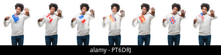 Collage der afrikanischen amerikanischen Jungen Mann mit Flaggen von Ländern über isolierte Hintergrund mit der offenen Hand tun, STOP-Schild mit schweren und zuversichtlich e Stockfoto