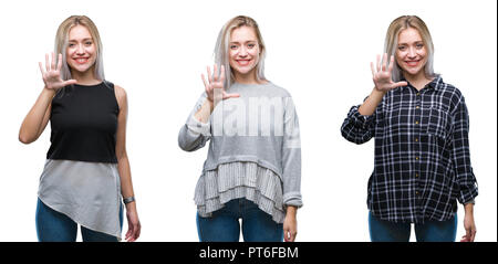 Collage der schönen blonden jungen Frau über isolierte Hintergrund angezeigt und zeigen mit den Fingern Nummer fünf, während lächelte zuversichtlich und fröhlich. Stockfoto