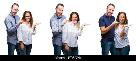 Collage von mittleren Alter Reifen schöne Paar der älteren Frau und Mann über Weiß isoliert Hintergrund erstaunt und lächelnd in die Kamera, während vorhanden Stockfoto