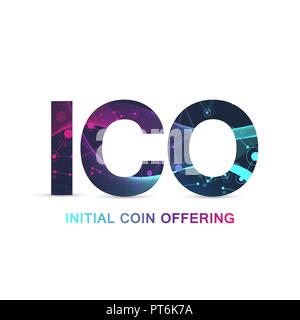 ICO (Erste Münze Angebot) Infografik Web Banner. Erste Münze mit Promo Poster mit Weltkarte. Cryptocurrency e-commerce Textur Blockchain conceptStartup, Schaltplan, Vektor, Abbildung Stock Vektor
