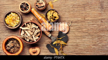Heilkräuter und Pflanzen in Mörtel, Kräutermedizin Stockfoto