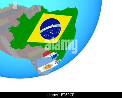 Mitglieder des Mercosur mit eingebetteten Nationalflagge auf Blau politische Welt. 3D-Darstellung. Stockfoto