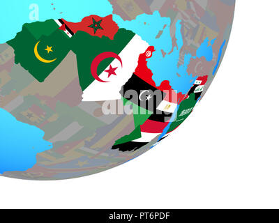 Arabische Liga mit eingebetteten Nationalflagge auf Blau politische Welt. 3D-Darstellung. Stockfoto