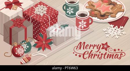 Geschenke, Süßigkeiten und bunte Weihnachtsdekorationen auf einem Tisch: Weihnachtskarte mit Wünschen Stock Vektor