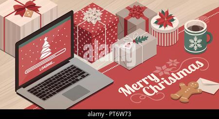 Laptop laden Weihnachten app, bunte Geschenke und Dekorationen: Weihnachtskarte mit Wünschen Stock Vektor