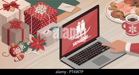 Hi-tech Santa senden Geschenke online mit seinem Laptop und bunte Geschenke: Vektor Weihnachtskarte Stock Vektor