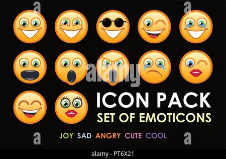 Icon Pack von Emotion lächelt auf schwarzem Hintergrund Stock Vektor