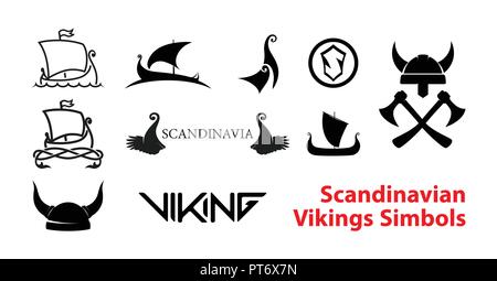 Flache skandinavische Geschichte Embleme isoliert auf weißem Hintergrund Stock Vektor