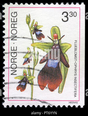 Poststempel Stempel aus Norwegen in die Orchideen in der Serie 1992 Stockfoto