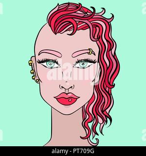 Doodle Mädchen mit Kopf rasiert. Frauen Portrait mit rosa Haaren. Vector Illustration. Stock Vektor