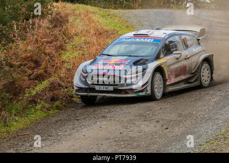 Dyfnant, UK. 6. Oktober 2018. Der Ford Fiesta RS WRC von Sebastien Ogier (Frankreich) mit der Geschwindigkeit auf dem Kies Waldwege, die Stufe 14 des 2018 Wales Rally von Großbritannien, durch den Wald in der Nähe von Dyfnant Welshpool, Powys, Wales Credit: Mike Hillman/Alamy leben Nachrichten Stockfoto