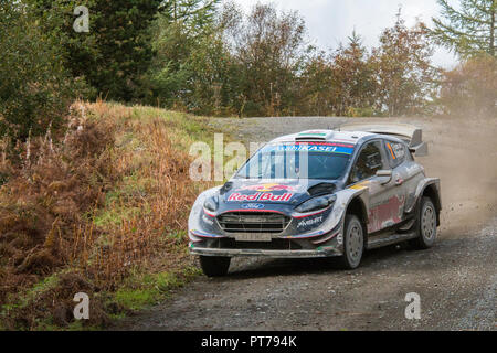 Dyfnant, UK. 6. Oktober 2018. Der Ford Fiesta RS WRC von elfyn Evans, von Dolgellau North Wales, laufen durch die Stufe 14 des 2018 Dayinsure Wales Rally von Großbritannien in Dyfnant Wald Credit: Mike Hillman/Alamy leben Nachrichten Stockfoto