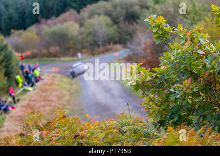 Dyfnant, UK. 6. Oktober 2018. Der Wald um Dyfnant bieten die spektakuläre Kulisse mit Stufe 14 der 2018 Dayinsure Wales Rally von Großbritannien, der 11. Runde des 2018 Credit: Mike Hillman/Alamy leben Nachrichten Stockfoto