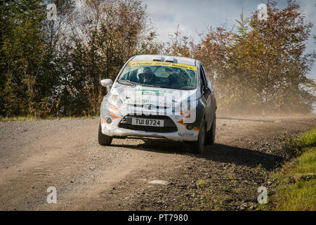 Dyfnant, UK. 6. Oktober 2018. Der Ford Fiesta R2 Rally Car eines Mitbewerbers auf Wales Rally GB 2018 Geschwindigkeit über einen Kamm auf Stufe 14, Dyfnant. Das Auto wurde zuvor von der Straße, leiden Schäden an den Treiber (linken) Seite. Credit: Mike Hillman/Alamy leben Nachrichten Stockfoto