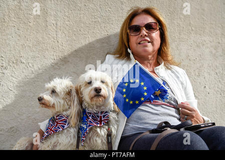 London, Großbritannien. Vom 7. Oktober 2018. Die Teilnehmer melden Sie Hundebesitzer, begleitet von ihrer Haustiere, im 'Wooferendum Hund März", ruft zur Abstimmung eines Menschen auf Brexit, wandern von Waterloo Place, Parliament Square. Credit: Stephen Chung/Alamy leben Nachrichten Stockfoto