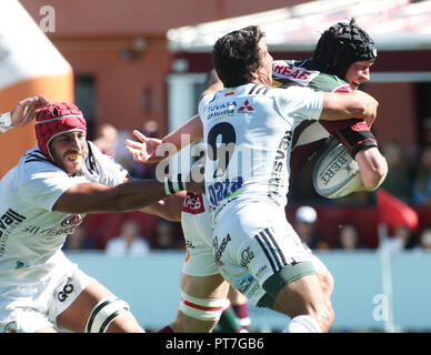 Madrid, Spanien. 7. Okt 2018. Heineken Liga, Sanitas AlcobendasVs. Club de Rugby El Salvador, Adam Newton im Spiel Action. Credit: Leo Cavallo/Alamy leben Nachrichten Stockfoto