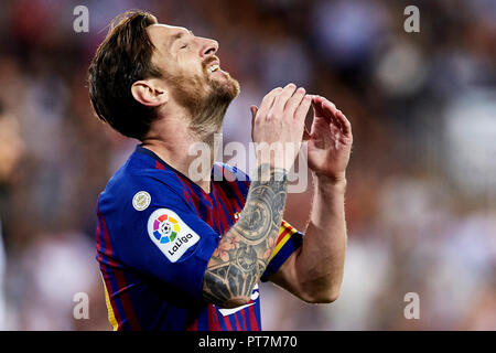 Valencia, Spanien. 7. Sep 2018. Liga Fußball, Valencia CF gegen FC Barcelona; vorwärts Lionel Messi der FCB reagiert auf ein verfehltes Ziel zählende Wahrscheinlichkeit Credit: Aktion plus Sport/Alamy leben Nachrichten Stockfoto