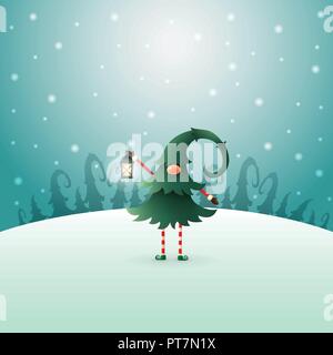 Gnome in Weihnachtsbaum mit Laterne verborgen - winter nacht Landschaft Stock Vektor