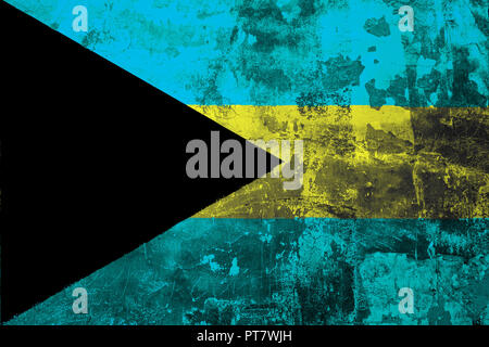 Flagge der Bahamas auf dem Hintergrund der alten Mauer mit Peeling Lack überzogen Stockfoto