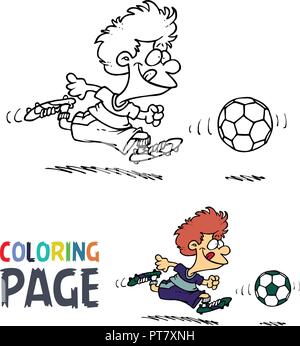 Junge spielt Fußball cartoon Färbung Seite Stock Vektor