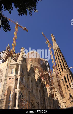 Kräne ragen über die unvollendete Kirche Sagrada Família in der spanischen Stadt Barcelona Spanien Stockfoto