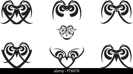 Tribal Schwarz und Weiß lakonischen Eule Symbole. Die dekorative lineare Symbole von Eulen durch einfache Elemente für Ihr Design gebildet Stock Vektor