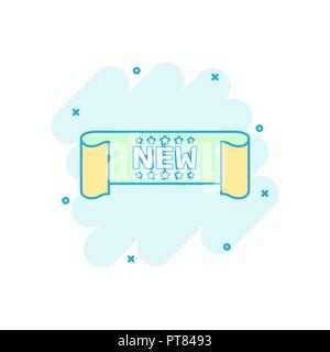Vektor cartoon neuen Ribbon Symbol im Comic-stil. Rabatt, neue Ankunft Aufkleber Aufkleber schild Abbildung Piktogramm. Neue Multifunktionsleiste business splash Wirkung conc Stock Vektor