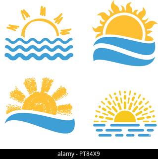 Vektor Sonnenuntergang oder Sunrise Symbole. Sonne und Meer logo für Natur und Reisen Hintergrund Illustrationen. Satz flacher Symbole der Sonnenuntergänge und Sonnenaufgänge Stock Vektor