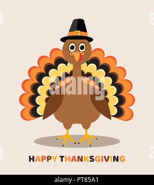 Vektor Karte zum Erntedankfest mit cartoon Türkei Vogel. Happy Thanksgiving bunten Text Stock Vektor