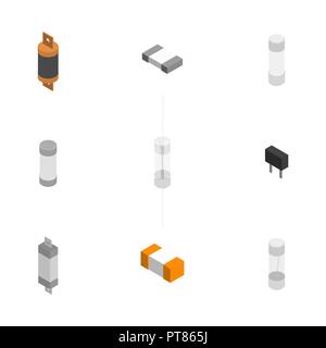 Satz Sicherungen in unterschiedlichen Formen auf weißem Hintergrund. Elements Design von elektronischen Bauteilen. Flache isometrische 3D-Stil, Vector Illustration. Stock Vektor