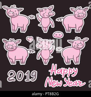 Einstellen der Schweine rosa cute doodle Bleistift Hand zeichnen. Beschriftung Aufkleber Frohes neues Jahr. Chinesische Jahr Zeichen ferkel 2019. Vector Illustration auf dunklem Hintergrund. Stock Vektor