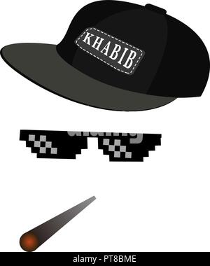 Gläser pixel Vektor icon. Pixel-art Gläser Thug Life Meme und Rauch mit Kappe Habib Nurmagomedov. Vector EPS 10. Stock Vektor