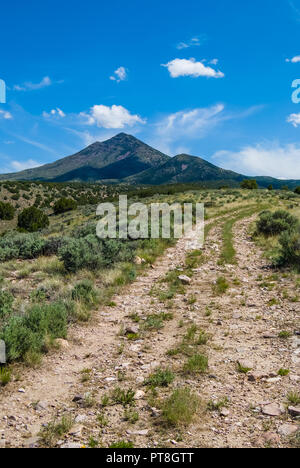 Eine schmale, unbefestigte Straße und Trail Head durch die sagebrush und Wacholder der Utah West Desert. In der Ferne ist ein kleines Bergdorf mit weißen, whi Stockfoto